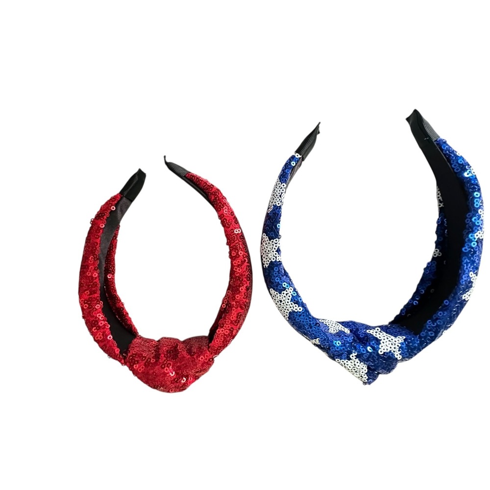 Kids Sequin Knot Headbands‎ Red Blue Star Patriotic Headwear Set